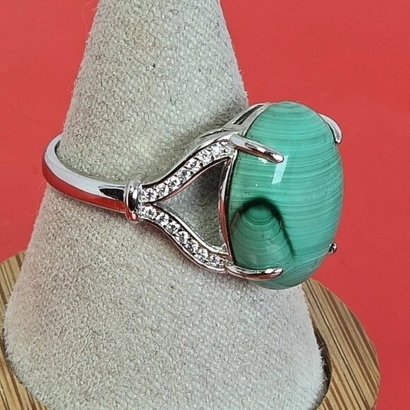 925 Sterling Silver Ring Sz 8.5 with Natural Malachite & CZ - Picture 9 of 15